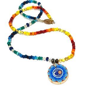 Handmade Rainbow Moon & Sun Yin & Yang Fimo Polymer Clay Seed Bead Boho Necklace